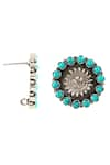 Shop_Noor_Silver Plated Turquoise Gemstone Oxidized Floral Carved Studs _at_Aza_Fashions