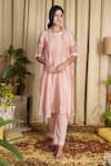 Buy_Label Ne'chi_Peach Chanderi Silk Embroidery Jacket Collar Kurta Round And Set  _at_Aza_Fashions