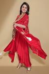Tisha Saksena_Red Dress Dupion  Cape Bandhani Dress Round Cape Draped With_Online_at_Aza_Fashions