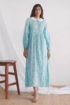 Buy Negra Elegante Blue Bemberg Muslin Floral Block Print Peter Pan Midi Dress at Aza Fashions Buy_Negra Elegante_Blue Bemberg Muslin Floral Block Print Peter Pan Midi Dress _at_Aza_Fashions