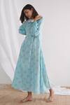 Shop Negra Elegante Blue Bemberg Muslin Floral Block Print Peter Pan Midi Dress at Aza Fashions Shop_Negra Elegante_Blue Bemberg Muslin Floral Block Print Peter Pan Midi Dress _at_Aza_Fashions
