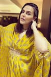 Shop_Gopi Vaid_Yellow Crepe Embroidery V Neck Printed Kaftan Dress _Online_at_Aza_Fashions