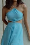 Buy_Pinup By Astha_Blue Flat Chiffon Plain Halter Nemesis Backless Gown _Online_at_Aza_Fashions