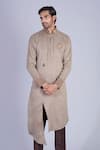 Buy_Sarab Khanijou_Grey Suede Asymmetric Kurta Set _at_Aza_Fashions