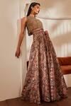 Buy_Nikita Mhaisalkar_Beige Blouse Tulle Printed Brick Boat Neck Georgette Lehenga Set _Online_at_Aza_Fashions