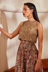 Shop_Nikita Mhaisalkar_Beige Blouse Tulle Printed Brick Boat Neck Georgette Lehenga Set _Online_at_Aza_Fashions