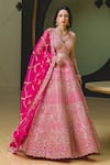 Buy_Nitika Gujral_Pink Lehenga And Blouse Taffeta Dupatta Tulle Embroidery V Neck Bridal Set _at_Aza_Fashions