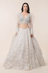 Nitika Gujral_White Organza Embroidery V Neck Lehenga Set _Online_at_Aza_Fashions