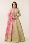 Buy_Nitika Gujral_Green Lehenga And Blouse Taffeta Dupatta Tulle Embroidery V Neck Bridal Set _Online_at_Aza_Fashions