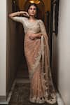 Buy_Nitika Gujral_Beige Net Embroidery V Neck Saree With Blouse _Online_at_Aza_Fashions