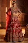 Buy_Nitika Gujral_Red Raw Silk Embroidered Floral Leaf Neck Lehenga Set For Women_at_Aza_Fashions