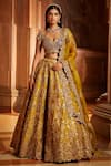 Buy_Nitika Gujral_Yellow Taffeta Embroidered Floral Leaf Neck Gota Bridal Lehenga Set _at_Aza_Fashions