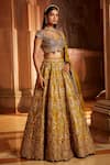 Nitika Gujral_Yellow Taffeta Embroidered Floral Leaf Neck Gota Bridal Lehenga Set _Online_at_Aza_Fashions