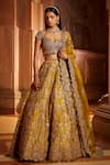 Buy_Nitika Gujral_Yellow Taffeta Embroidered Floral Leaf Neck Gota Bridal Lehenga Set _Online_at_Aza_Fashions