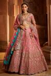 Buy_Nitika Gujral_Pink Organza Floral Plunge V Neck Embroidered Bridal Lehenga Set _at_Aza_Fashions