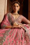 Buy_Nitika Gujral_Pink Organza Floral Plunge V Neck Embroidered Bridal Lehenga Set _Online_at_Aza_Fashions