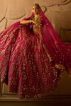 Nitika Gujral_Fuchsia Raw Silk Embroidered Floral Leaf Neck Bridal Lehenga Set _Online_at_Aza_Fashions