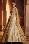 Buy_Nitika Gujral_Gold Tulle Sequins, Crystals, Beads High Floral Embroidered Bridal Lehenga Set _Online_at_Aza_Fashions