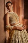 Shop_Nitika Gujral_Gold Tulle Sequins, Crystals, Beads High Floral Embroidered Bridal Lehenga Set _at_Aza_Fashions