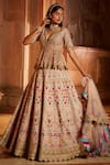 Buy_Nitika Gujral_Pink Raw Silk Embroidered Floral Resham Plunge V Neck Peplum Bridal Lehenga Set _at_Aza_Fashions