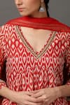 NUHH_Red Kurta Embroidery Kurta V-neck Slip Round Ikat Print Set _at_Aza_Fashions