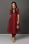 Shop_NUHH_Maroon Kurta And Pant Chanderi Embroidery Round Handwoven & Set  _at_Aza_Fashions