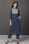 Buy Nuhh Blue Cotton Crinkle Crepe Mandarin Collar Embroidered Kurta And Pant Set at Aza Fashions Buy_Nuhh_Blue Cotton Crinkle Crepe Mandarin Collar Embroidered Kurta And Pant Set _at_Aza_Fashions