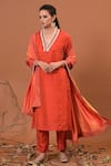 Buy_NUHH_Orange Semi Silk And Cotton Voile Embroidery V Embellished Kurta Set  _at_Aza_Fashions