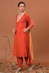 Buy_NUHH_Orange Semi Silk And Cotton Voile Embroidery V Embellished Kurta Set  _Online_at_Aza_Fashions