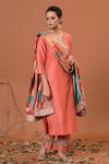 Buy_NUHH_Peach Art Silk And Satin Embroidery Notched Kurta Set  _at_Aza_Fashions