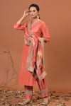 Buy_NUHH_Peach Art Silk And Satin Embroidery Notched Kurta Set  _Online_at_Aza_Fashions