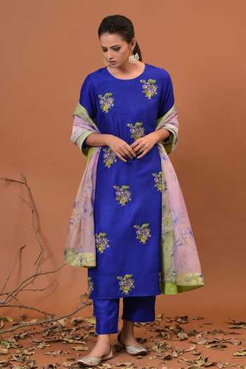 Buy_NUHH_Blue Silk And Organza Round Embroidered Kurta Set _at_Aza_Fashions