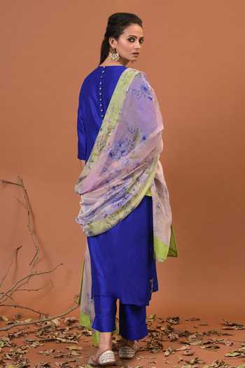 Shop_NUHH_Blue Silk And Organza Round Embroidered Kurta Set _at_Aza_Fashions