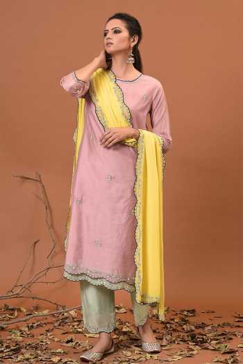 Buy_NUHH_Pink Chanderi And Georgette Round Kurta Set _at_Aza_Fashions