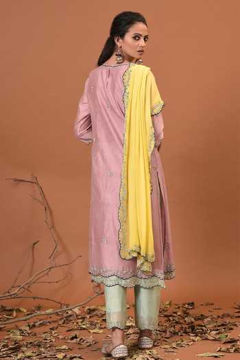 Shop_NUHH_Pink Chanderi And Georgette Round Kurta Set _at_Aza_Fashions