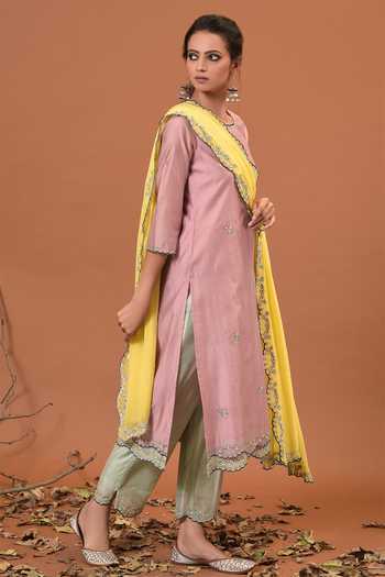 NUHH_Pink Chanderi And Georgette Round Kurta Set _Online_at_Aza_Fashions
