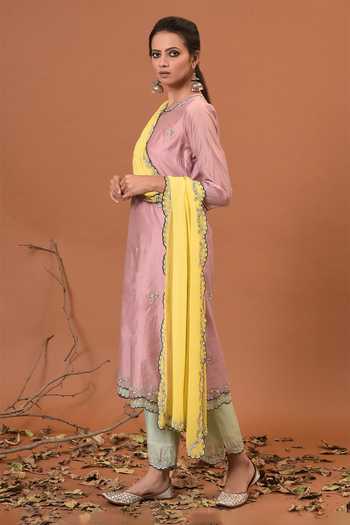 Buy_NUHH_Pink Chanderi And Georgette Round Kurta Set _Online_at_Aza_Fashions