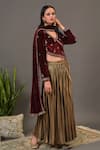 NUHH_Maroon Velvet And Metallic Jersey Embroidery V Neck Lehenga Set _Online_at_Aza_Fashions