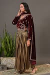 Buy_NUHH_Maroon Velvet And Metallic Jersey Embroidery V Neck Lehenga Set _Online_at_Aza_Fashions