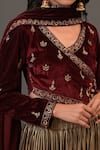 Shop_NUHH_Maroon Velvet And Metallic Jersey Embroidery V Neck Lehenga Set _Online_at_Aza_Fashions