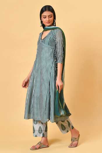 NUHH_White Chanderi, Georgette And Cotton V Neck Anarkali Set _Online_at_Aza_Fashions