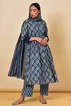 Buy_Nuhh_Blue Cotton Geometric Mandarin Collar Printed Anarkali Set _at_Aza_Fashions