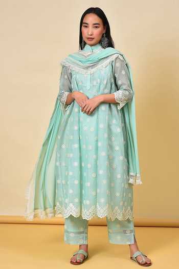 Buy_NUHH_Green Cotton, Chiffon, Kota Check Floral Anarkali And Inner Embroidered Set _at_Aza_Fashions