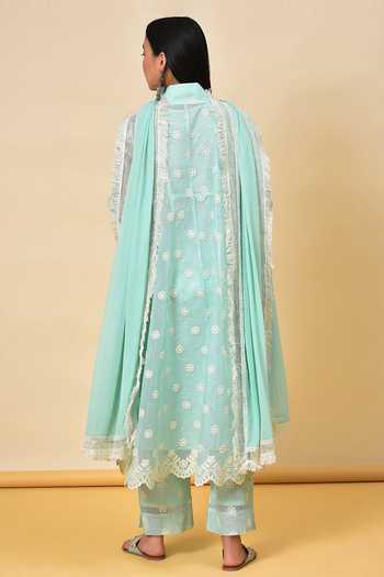 Shop_NUHH_Green Cotton, Chiffon, Kota Check Floral Anarkali And Inner Embroidered Set _at_Aza_Fashions