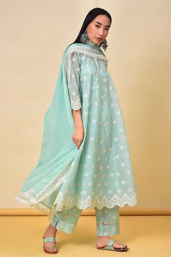 NUHH_Green Cotton, Chiffon, Kota Check Floral Anarkali And Inner Embroidered Set _Online_at_Aza_Fashions
