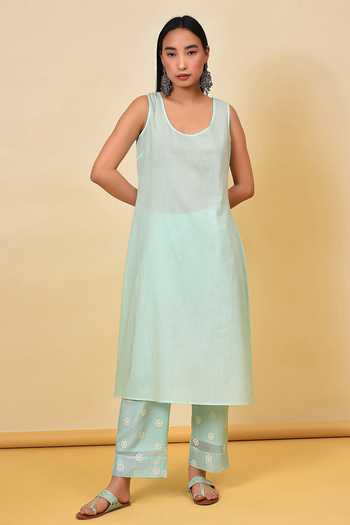 Buy_NUHH_Green Cotton, Chiffon, Kota Check Floral Anarkali And Inner Embroidered Set _Online_at_Aza_Fashions