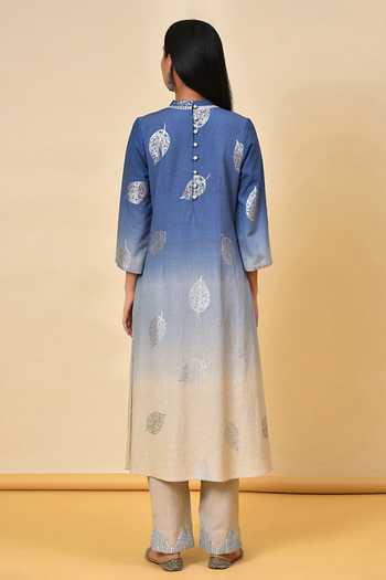 Shop_NUHH_Blue Cotton Flex Leaf Round Embroidered Kurta And Pant Set _at_Aza_Fashions