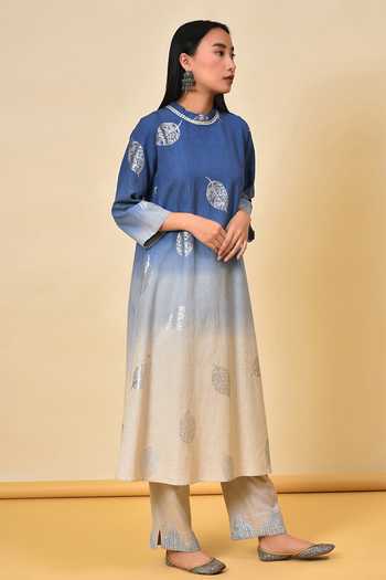 NUHH_Blue Cotton Flex Leaf Round Embroidered Kurta And Pant Set _Online_at_Aza_Fashions