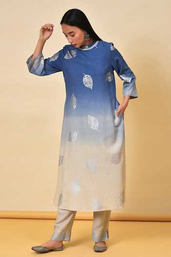 Buy_NUHH_Blue Cotton Flex Leaf Round Embroidered Kurta And Pant Set _Online_at_Aza_Fashions