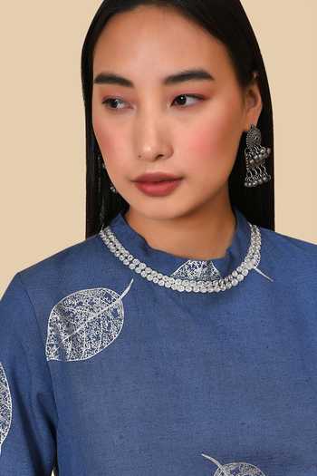 Shop_NUHH_Blue Cotton Flex Leaf Round Embroidered Kurta And Pant Set _Online_at_Aza_Fashions